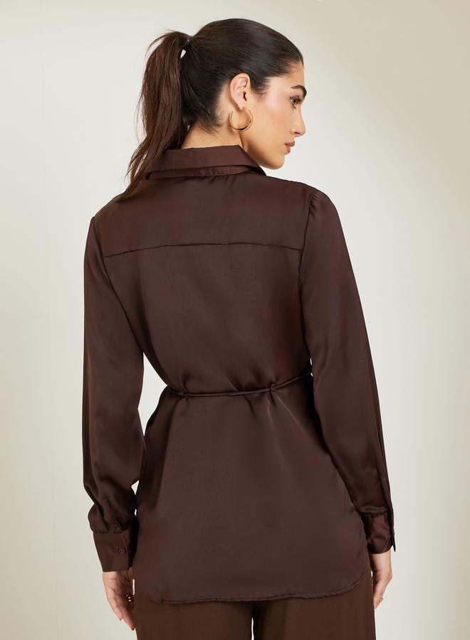 ستايلي بلوزة بأكمام طويلة وحزام ربط على الخصر - Image 3